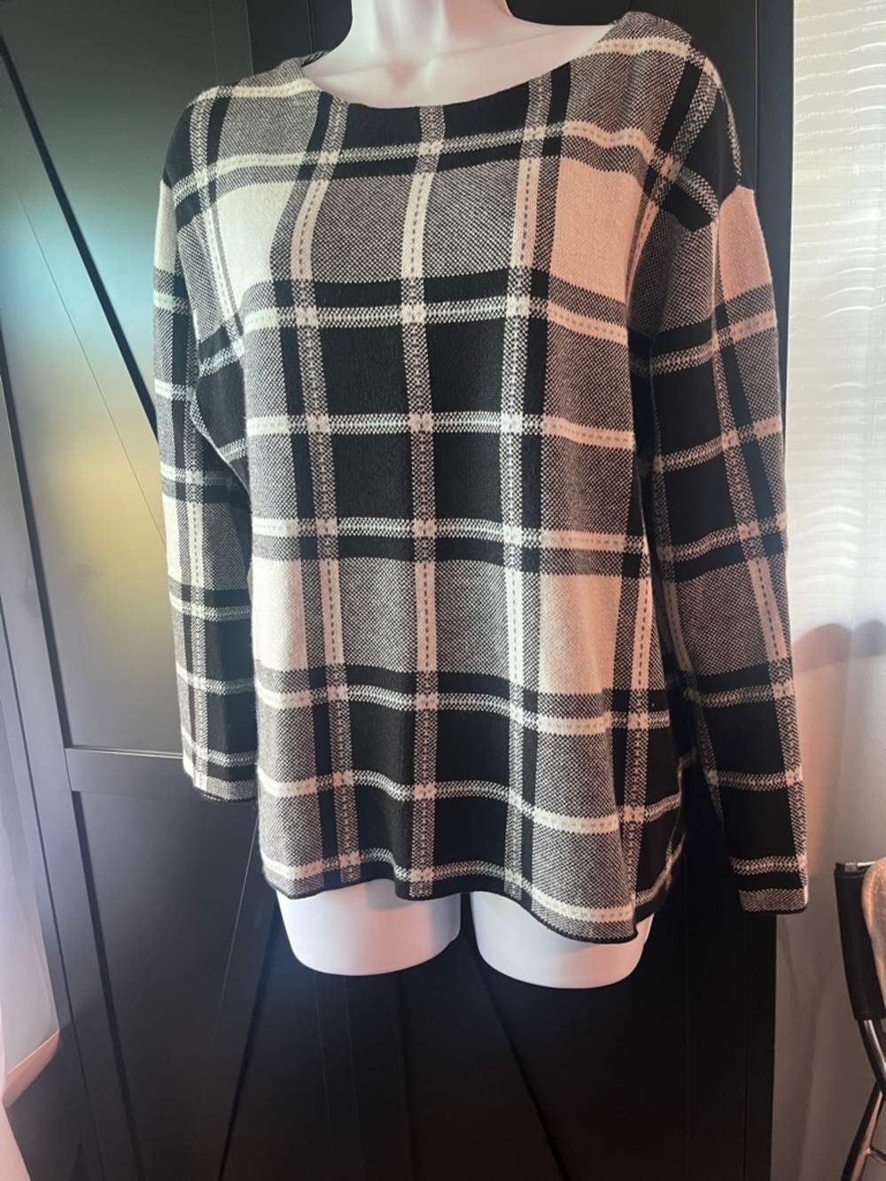 J. Jill Black and Cream Plaid Scoop Neck Sweater